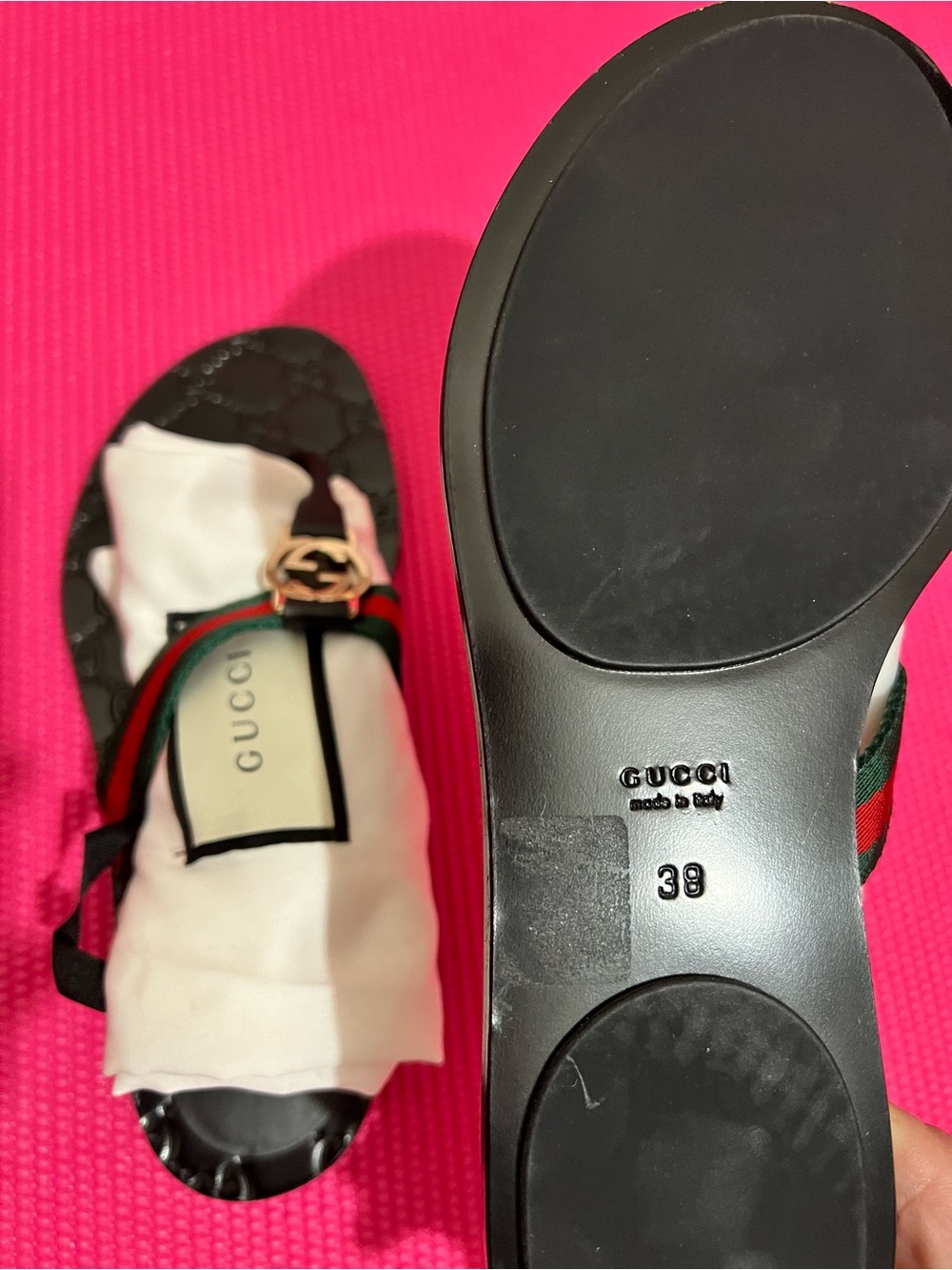 Gucci Black Leather Logo Web Ribbon Sandals with Gold Hardware - Picture 3 of 3